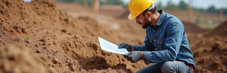 Geotechnical engineer studies soil core sample document on construction site. Engineer wearing yellow safety helmet examines survey results. Analysis, research, development in civil construction.