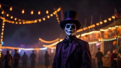 A Halloween carnival at midnight, vintage rides barely visible through the smoke, orange and purple string lights, mysterious performers in intricate costumes.