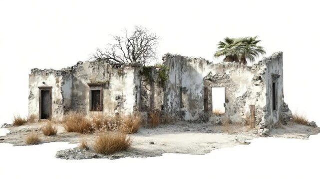 Decaying adobe structure exhibiting historical ruin and weathered facade, evoking nostalgia