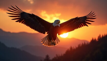 Obraz premium Majestic eagle soars sunset. Bird with outstretched wings against a golden sky, mountains silhouette. Symbol of freedom, power. Stunning landscape illustration.