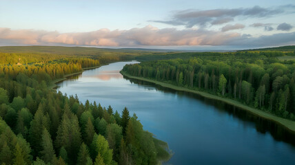 Aerial view of a river winding through a dense forest under a cloudy sky at golden hour light
