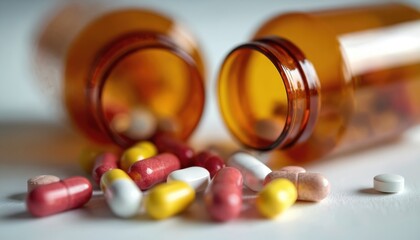 Colorful pills spill from brown medicine bottles. Different capsules, tablets for health, sickness treatment. Prescription medication, healthcare supplements, pharmacy. Medicament, healthcare
