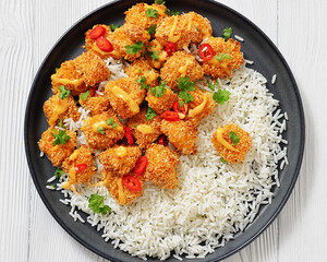panko-breaded chicken bites with rice and sauce