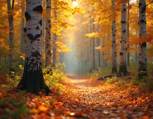 Selbstklebende Fototapeten Autumnal forest scene with path leading through birch trees. Golden sunlight filters through foliage. Leaves carpet ground creating vibrant landscape. Season, nature, park environment beauty concept. © Viktor