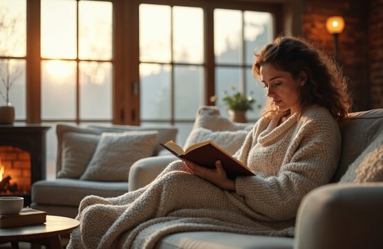 Young woman relaxes on sofa, reading book at cozy home. Autumn season. She enjoys peace, comfort and warmth. Fireplace, sunlight through window. Enjoying leisure time, self-care.