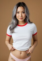 Obraz premium Portrait of a Young Woman with Gray Hair and a White T-Shirt
