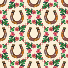 Seamless pattern with horseshoes. Watercolor. illustration.