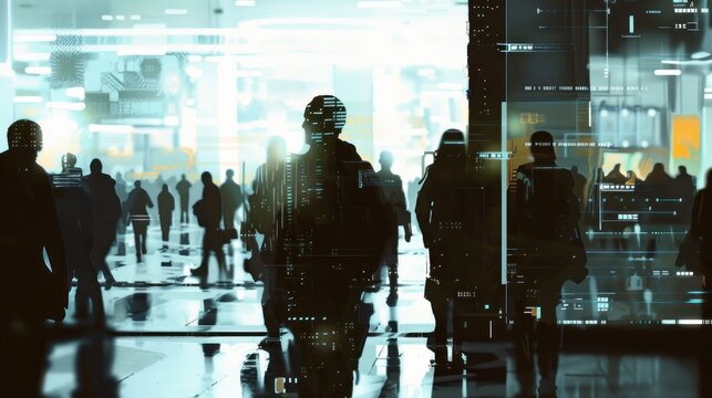 Crowd walking futuristic building