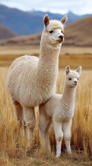 Obraz premium Mother alpaca with fluffy baby on golden field at the foot of Andes, soft sunrise light on their thick wool, peaceful pastoral Peruvian scene