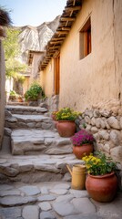 Narrow stone path between adobe houses in Peruvian village, steps leading to small courtyard with flower pots and water bucket, warm tones and rustic mountain