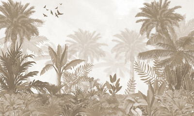 Aged Nature Wall Mural: Faded Sepia Tropical Plants Background with Flying Birds