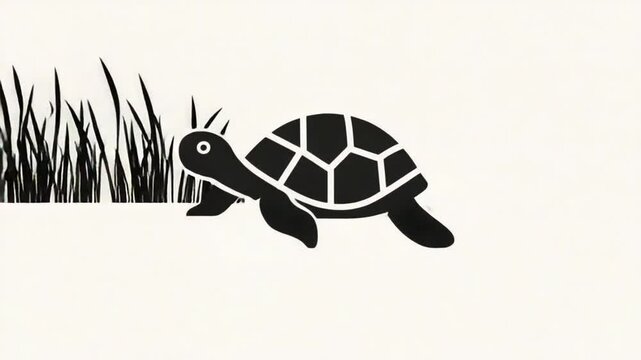 Stylized turtle animation walking slowly with grass growing behind it in silhouette