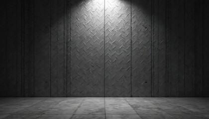 Industrial metal wall with diamond pattern. Concrete floor in empty garage or warehouse. Abstract background for design. Blank space for text. Suitable for product presentation.