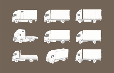 Collection of nine white truck illustrations side view various cargo types