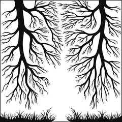 Black Silhouette Tree with Roots and Leaves – Symbolic Nature and Growth Vector Art