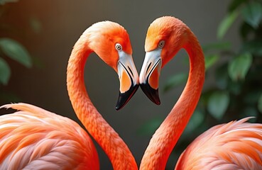 Two pink flamingos forming heart shape with necks. Birds in love, romance, affection. Exotic birds in nature, animal wildlife, pink feather details, tropical theme. Focus on love relationships,