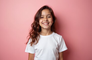 Young hispanic girl in white t-shirt stands before pink background. Cheerful smiling teen shows perfect teeth. Brunette woman with long wavy hair. Happy girl portrait for advertising, promo.