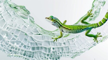 Green gecko on textured liquid surface