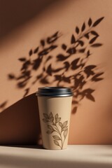 Coffee cup branding mockup showcasing intricate plant designs and captivating plant shadows on a warm, textured background during soft daylight