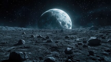 A desolate moonscape with a large moon rising over a rocky surface under a starry night sky view