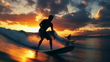 Silhouette of surfers riding waves under a vibrant sunset sky cinematic ocean surfing - Powered by Adobe