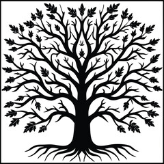Obraz premium Black Silhouette Tree with Roots and Leaves – Symbolic Nature and Growth Vector Art