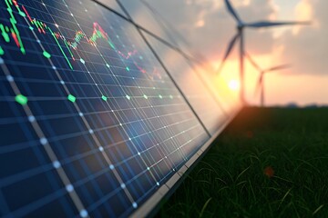 Solar panel energy production growth chart display on grass at sunset with wind turbines in the background. Renewable energy concept, clean power, innovation, sustainability, green eco tech.clean powe