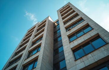 Apartment building with brutalist architecture, pebbledash cladding against clear blue sky. Vertical composition of modern housing, residential building, geometric facade. Real estate, homeownership.