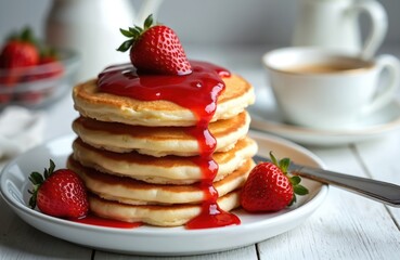 Delicious stack pancakes with strawberry jam on white plate. Fresh ripe strawberries, cup of coffee. Sweet breakfast dessert food. Morning eating, cafe, home made, holiday.