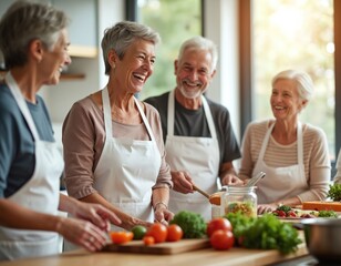Seniors enjoy healthy cooking class, laughing sharing stories in modern kitchen setting. They discuss nutrition, social interaction aspects of wellness programs, eating healthy, happy life.