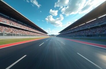 Obraz premium Race track with blurred motion of cars. Speed concept. Empty track. Competition at speedway. Racing event with audience. Motorsport championship. Racing track with empty seats for audience during