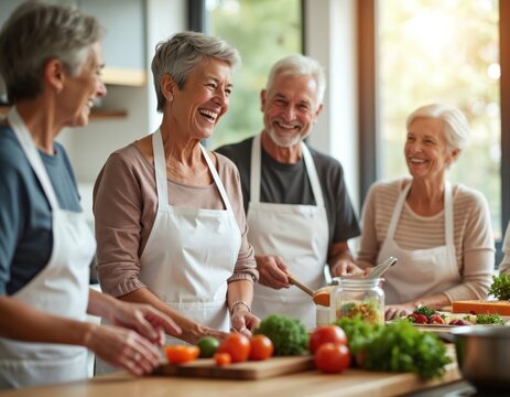 Seniors enjoy healthy cooking class, laughing sharing stories in modern kitchen setting. They discuss nutrition, social interaction aspects of wellness programs, eating healthy, happy life.
