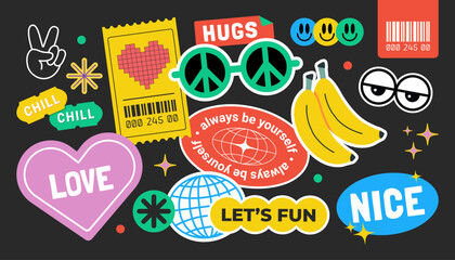 Fun Y2K Graphic Stickers and Tags in Groovy Style. Colorful Vector Collection of Cool Cute Patches with Smile Faces, Peace Symbols, Love Signs, and Retro Elements on Dark Background