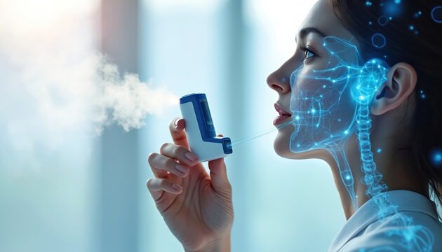 Woman uses smart inhaler device for respiratory health. Modern medical tech helps asthma patients manage conditions, treatment. Innovative healthcare solution. Futuristic visualization of human body
