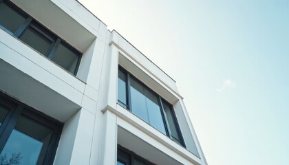 Modern white building exterior with geometric design, large windows, blue sky view. Urban architecture, contemporary style, financial district facade, property element detail, downtown. Exterior wall