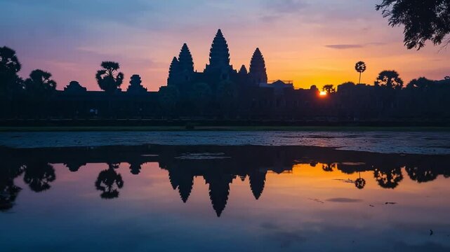 Serene Angkor Wat Temple Reflection at Sunrise, Breathtaking Cambodian Landscape
