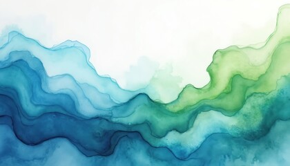 Abstract watercolor background featuring blue, green fluid shapes. Soft textures of paint create calm, artistic vibe. Liquid ink design suitable for concept, decoration design. Modern art, trendy,
