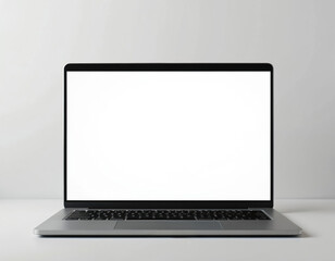 Modern laptop computer mockup with blank white screen. Digital device on light background. Empty display to add text design. Concept for business tech advertising web site presentation.