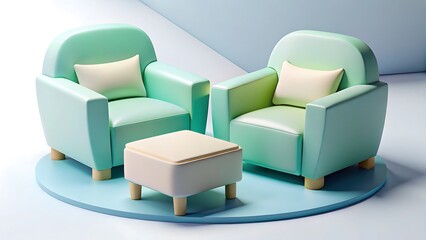 Two modern mint green armchairs with matching ottoman on a blue circular platform in a minimalist setting