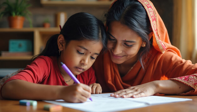 Indian mother assists daughter with homework at home. Smiling woman helps child with writing, learning lessons. Family, education, home schooling concept. Asian parent, little girl together study, - Powered by Adobe