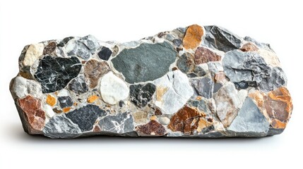 A conglomerate rock specimen featuring a variety of embedded pebbles and stones on a white background