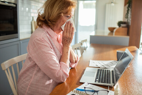 Senior woman working from home with cold or allergies at laptop