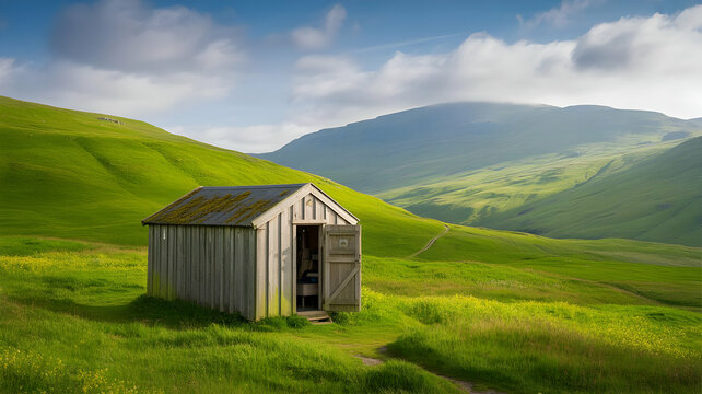 Rustic wooden shed with open door in a green field landscape under a cloudy sky on a sunny day outdoors