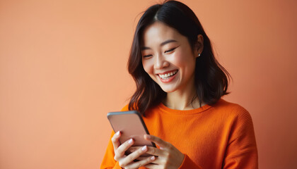 Smiling Asian woman holds smartphone against peach background. Wears orange sweater looking down at device screen. Happy, cheerful female uses mobile tech to communicate online, browsing social