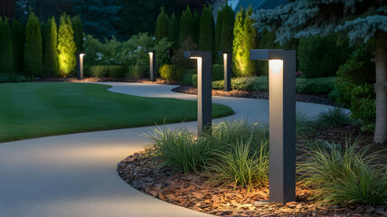 Illuminated garden path with modern lights and manicured lawn at dusk or early evening scene view