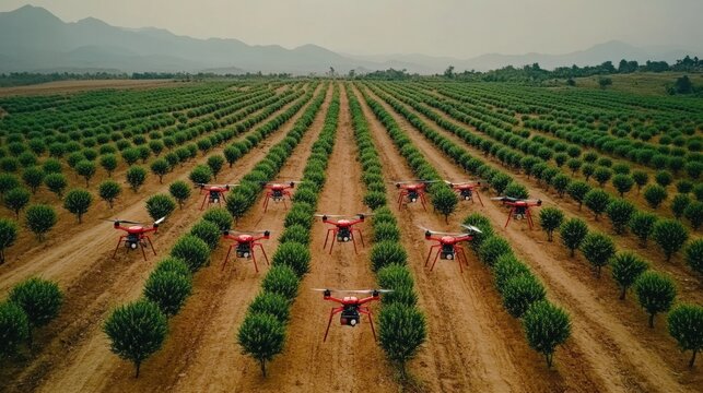 Aerial view of drones in a tree orchard