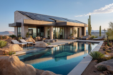 Fototapeta premium Modern Desert Home with Solar Panels and Luxury Pool