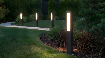 Illuminated pathway with modern bollard lights in a landscaped garden at twilight hour setting