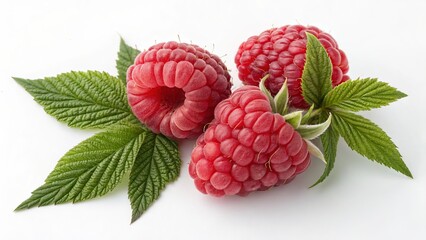 Fresh Raspberries with Leaves on White, Fruit , Healthy