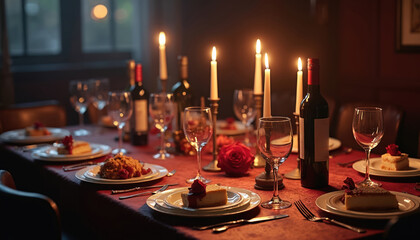 Murder mystery dinner party scene with candles, food, wine bottles, glasses. Guests play detective solve thrilling crime enjoy gourmet meal. Engaging entertainment, fun, interactive.